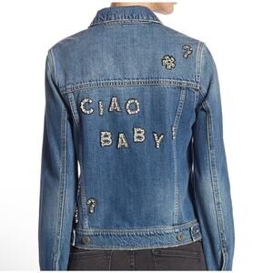Paige "Ciao Baby!” Pearl Embellished Blue Denim Jacket Wms Size M Y2k Edgy Glam